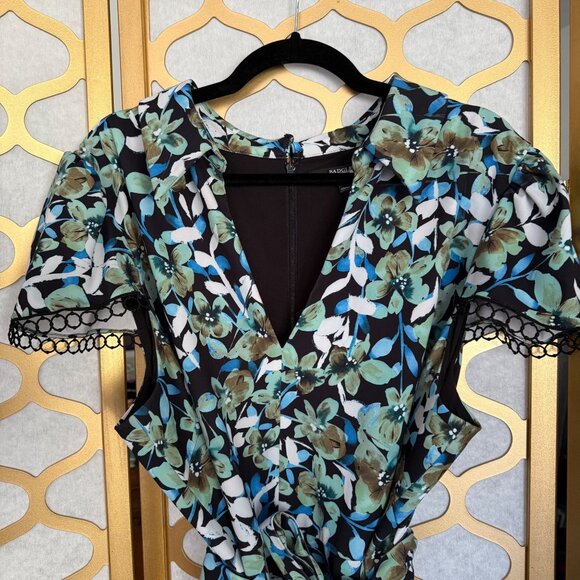 Badgley Mischka Size 22 Blue Green Floral Lace Trim Sleeve Collared Sheath Dress - Picture 5 of 16